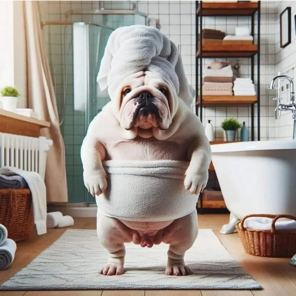 English Bulldog after a fresh bath. English Bulldog after a fresh bath.